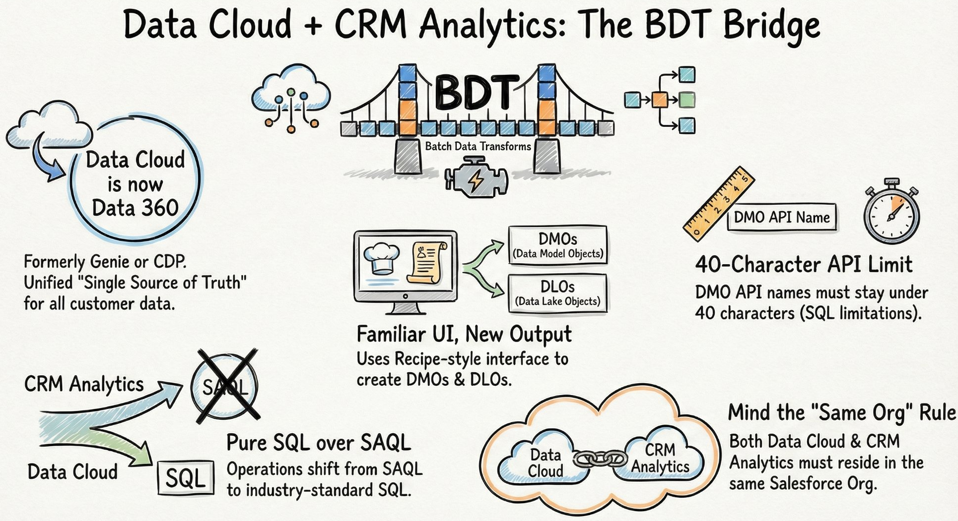 Data Cloud + CRM Analytics: The BDT Bridge — showing the relationship between Data 360, Batch Data Transforms, DMOs, DLOs, the 40-character API limit, pure SQL over SAQL, and the Same Org rule