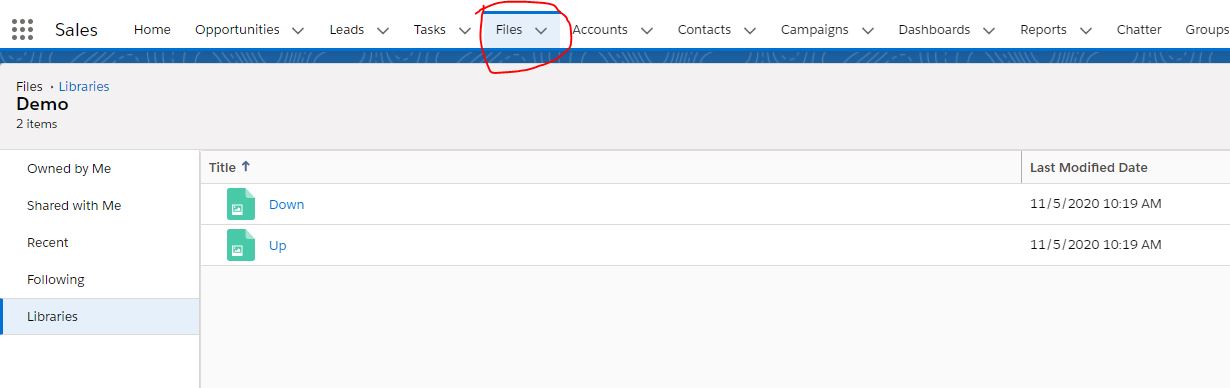 Salesforce Files Library showing uploaded Down and Up animated GIF files