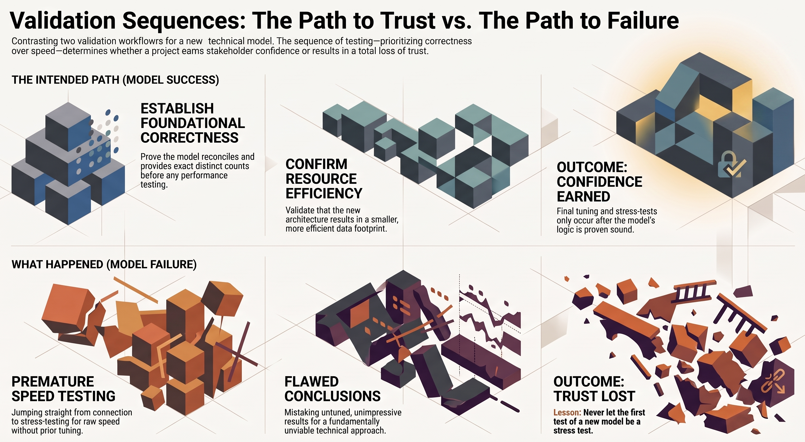 Validation Sequences: The Path to Trust vs The Path to Failure — intended path: correctness first then footprint then performance. What happened: straight to stress test, flawed conclusions, trust lost